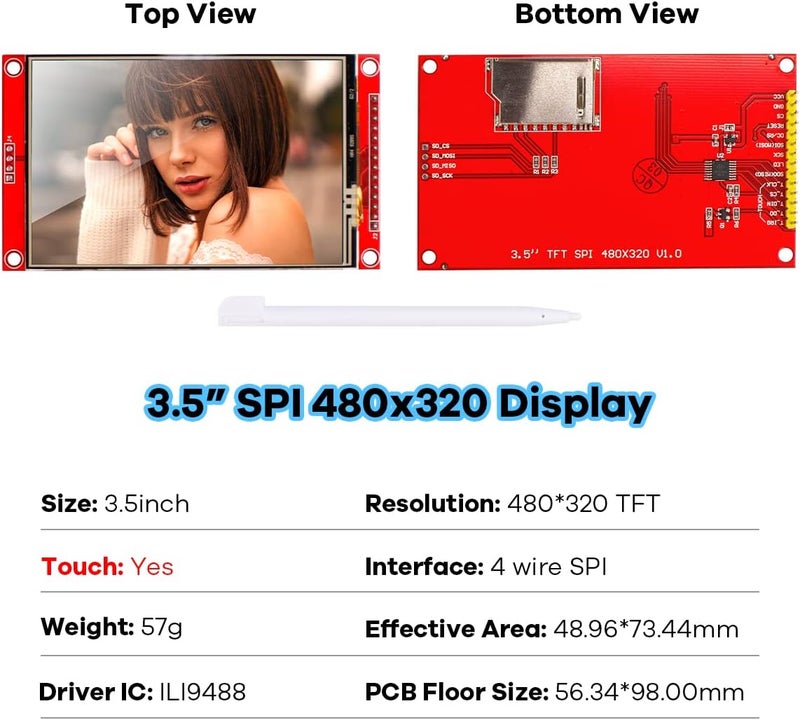 Hosyond وحدة عرض شاشة تعمل باللمس TFT LCD بحجم 3.5 بوصة 480x320 SPI تسلسلي ILI9488 مع قلم اللمس متوافقة مع لوحة تطوير Arduino R3/Mega2560 - Image 2